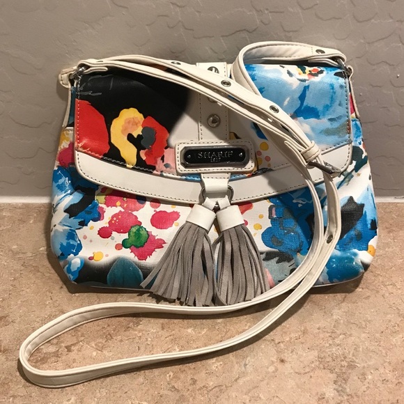 Sharif 1827 Abstract Floral Splatter Print Leather Crossbody Purse - Picture 11 of 12